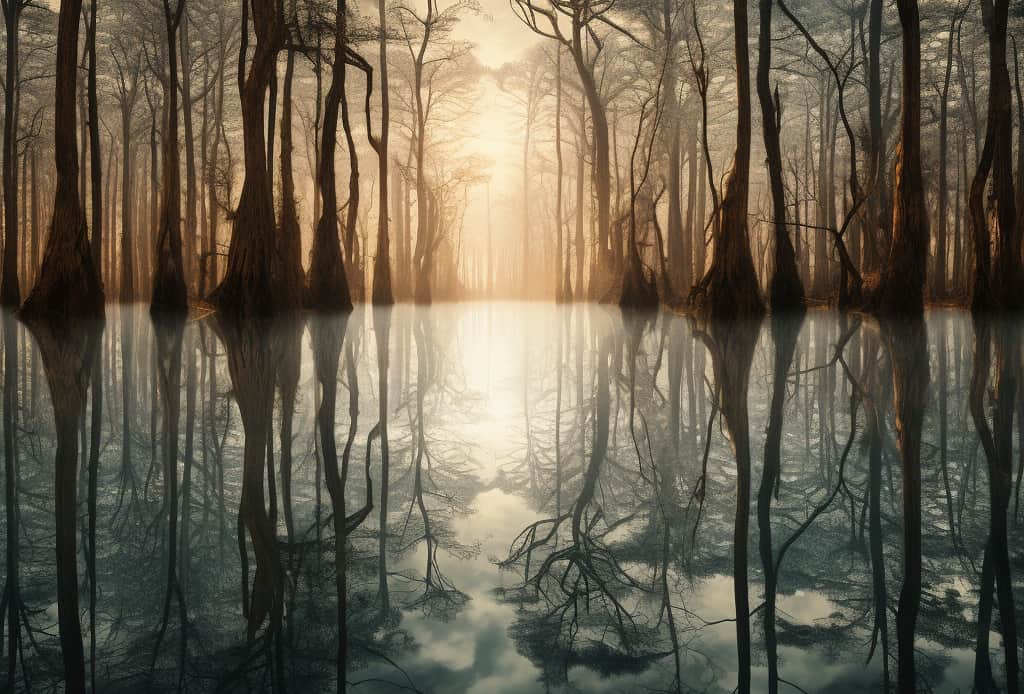 2. Mystical swamp landscape with visual illusions hinting at hallucinogenic effects similar to those experienced with molly and sally.