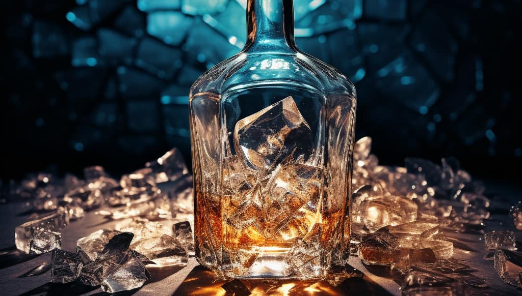 A broken bottle of alcohol against a shattered backdrop, symbolizing the chaos of alcohol blackout.
