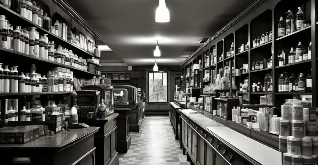 A monochrome photograph of a pharmacy aisle, symbolizing the accessibility and potential dangers of over-the-counter drug abuse.