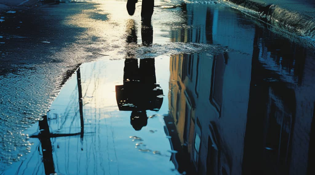 A reflective city puddle capturing the distorted image of a person, symbolizing the confusion and altered Perception in the article 'What is the Blue Pill?'
