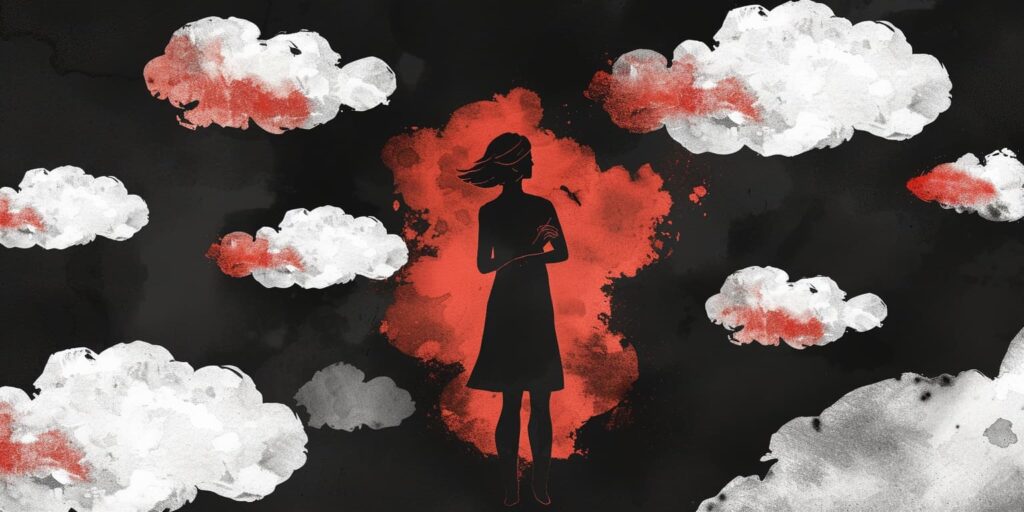 2. An artistic illustration depicts a young girl standing against a backdrop of a cloudy sky, painted in shades of tumultuous red and black. The contrasting colors evoke a sense of emotional turmoil and the struggle with addiction.