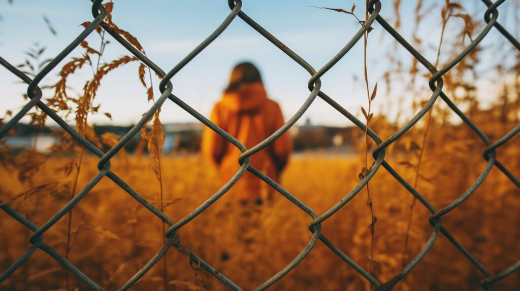 A woman walks alone behind a chain-link fence, symbolizing the isolation and distance felt in the grief of living with an addict.
