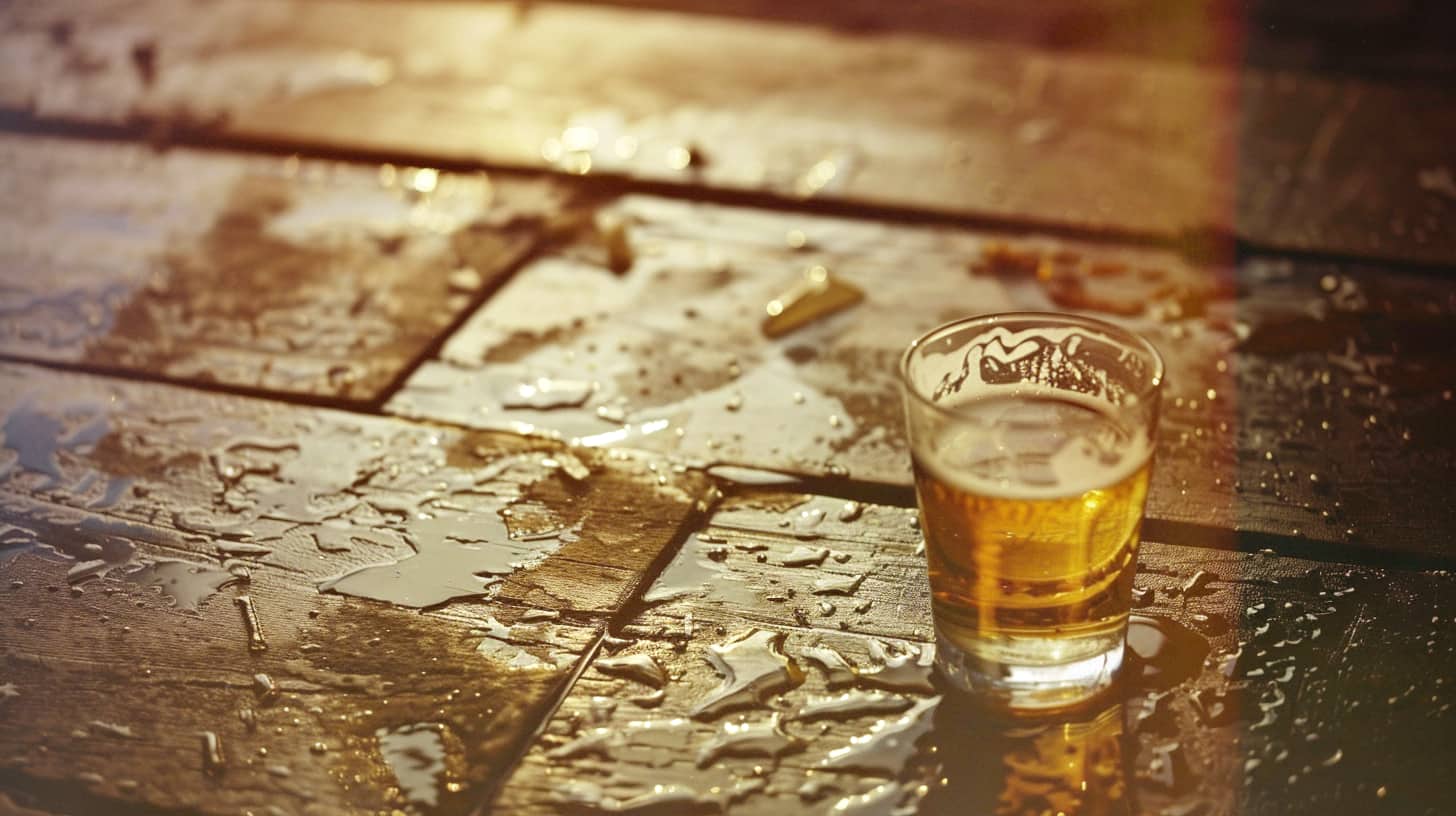 An abandoned shot glass lies on the wet ground, raindrops blurring its edges, representing the diminishing allure of alcohol under the influence of Vivitrol's side effects.