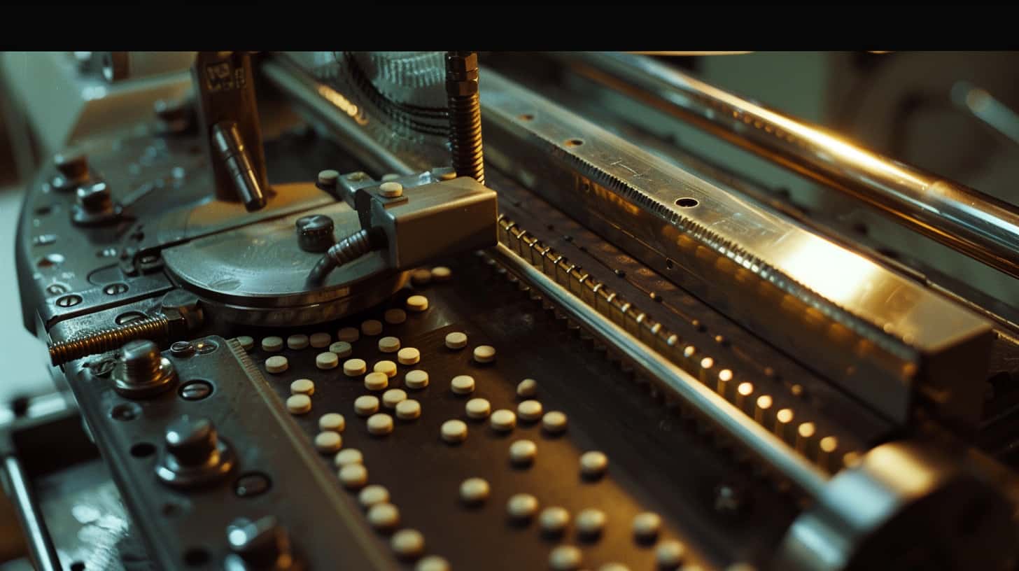 A detailed close-up of a pill press machine in action, highlighting how is ecstasy made