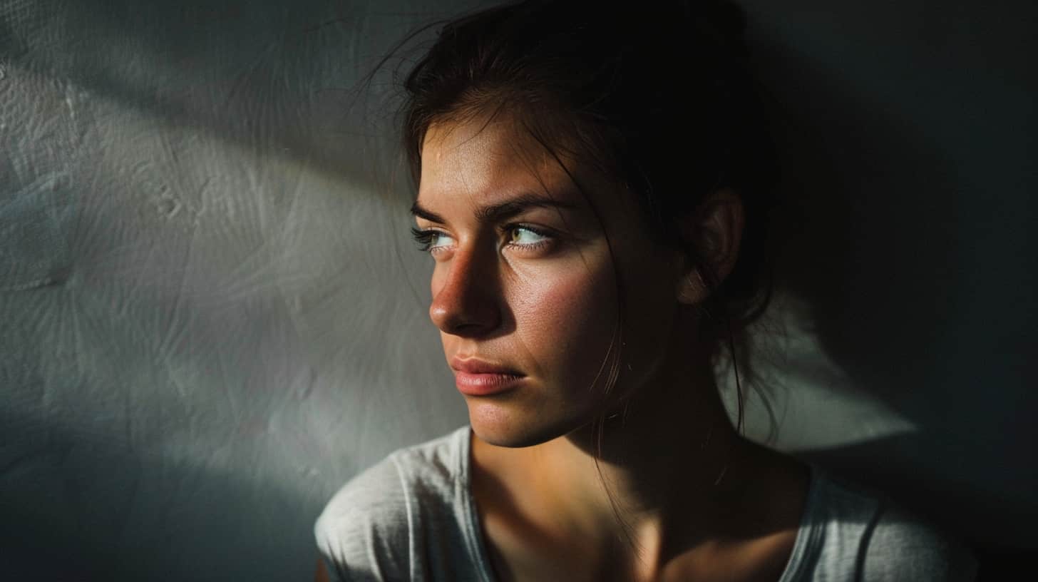 A woman in recovery from ecstasy use gazes thoughtfully into the distance, embodying hope and contemplation, symbolizing the journey toward healing.