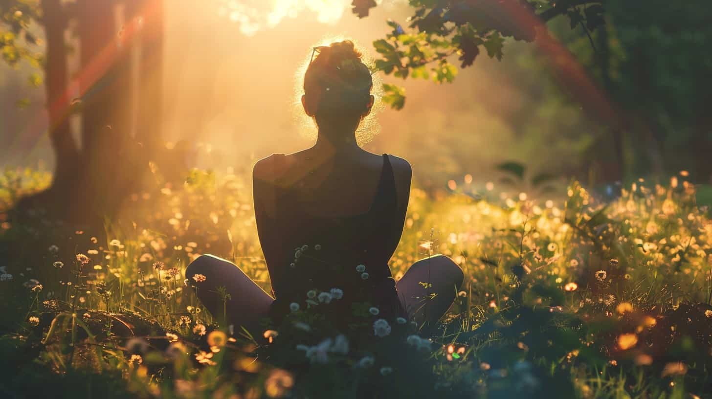 A woman meditates in a serene garden at sunrise, sitting cross-legged with her hands resting on her knees, symbolizing peace and renewal in the context of an alcohol withdrawal timeline.