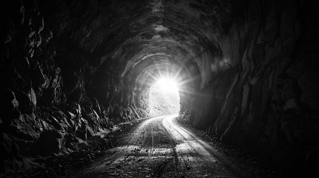 A long, dimly lit tunnel with a bright, inviting light visible at the far end, representing hope and the journey towards recovery in an article about the alcohol withdrawal timeline.