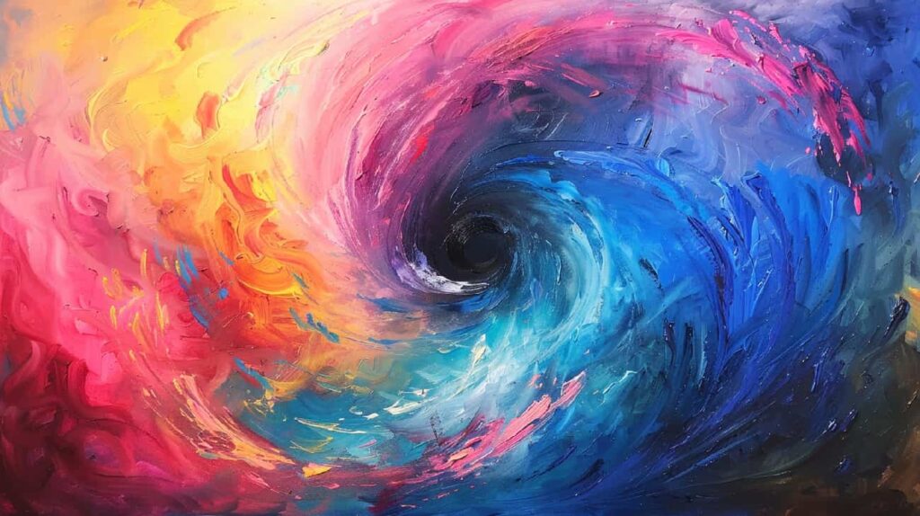 Abstract swirling oil painting depicting the intense facts about Molly drug, with a dark black hole at the center symbolizing the potential downfall associated with its use.