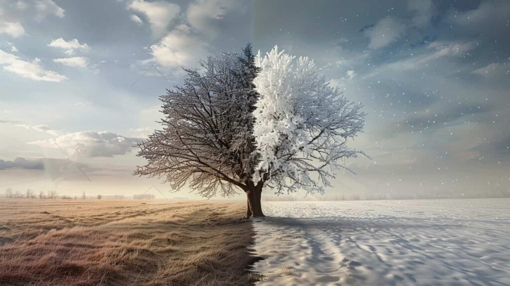 A digitally altered image of a single tree depicted in two different, yet equally drab winter scenes symbolizing the dual nature of physical and psychological drug dependence.