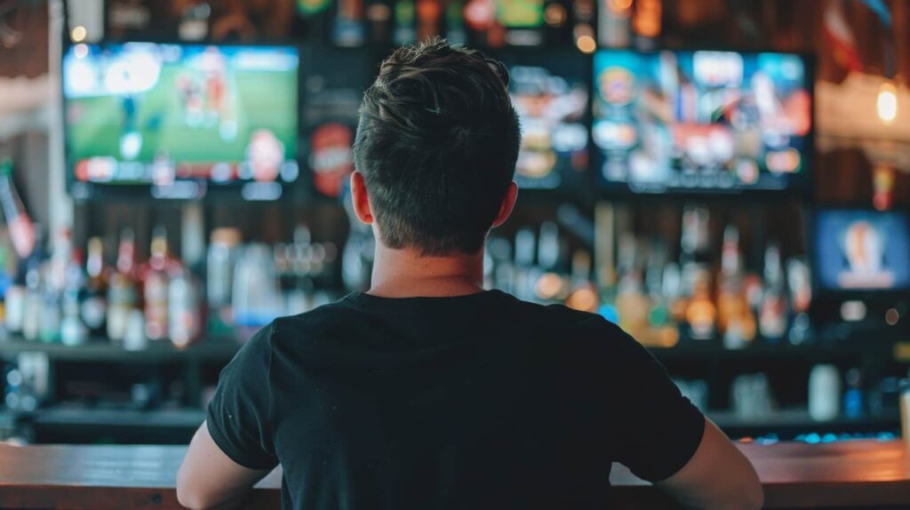 Man sits watching sports at a bar to show how convoluted the question “is alcohol a drug” can be.