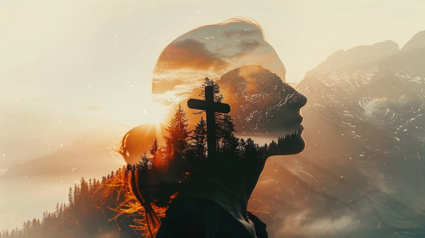 A double-exposure image of a woman with a mountain as a background and a cross showing the source of new creation in her life.