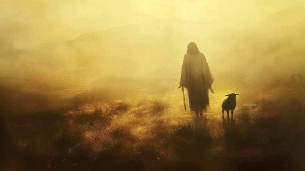 Atmospheric painting image of Jesus and a lamb walking through difficult ground representing the recovery and spirituality journey.