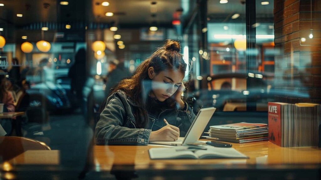 Girl studying in a coffee shop, concerned about a test, considering looking at a list of amphetamines to help her study all night.