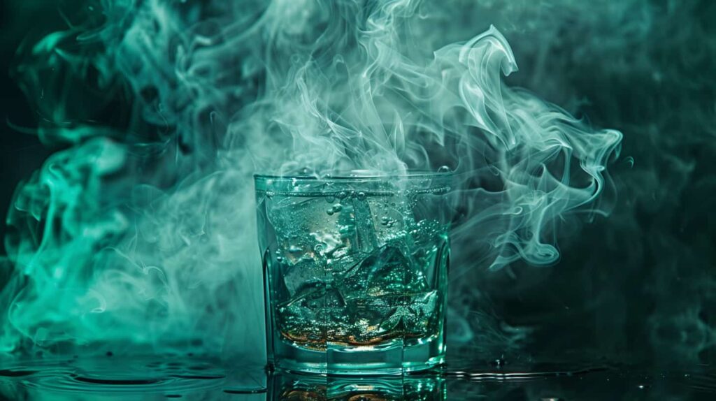 Smoky, ominous image of alcohol with blue lighting to show the dangers of ETOH addiction