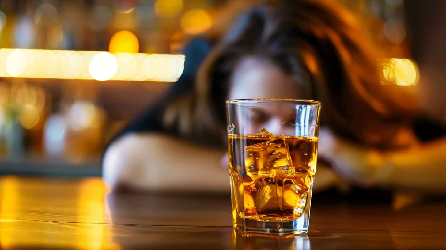 Woman alone at a bar with her head on the table to display ETOH issues and how to understand an addiction