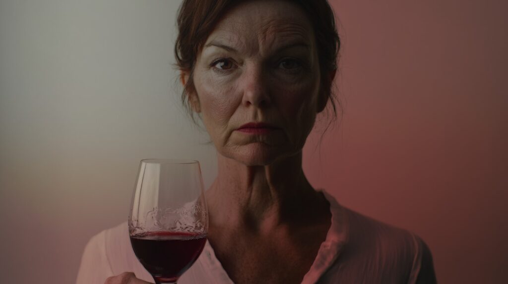 Woman with red cheeks and aged face holds a glass of wine showing the classic alcoholic face symptoms