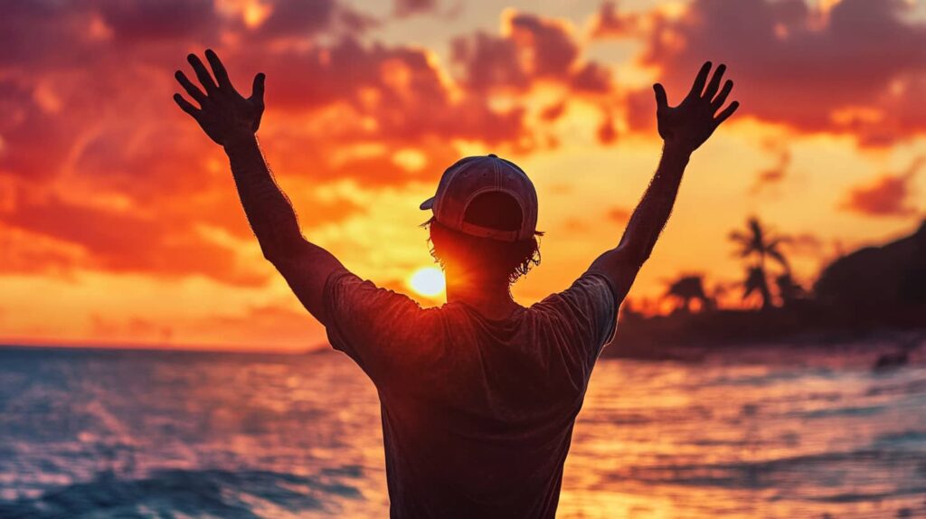 Man standing at the beach at sunset raising his arms showing that step one surrender is a victory