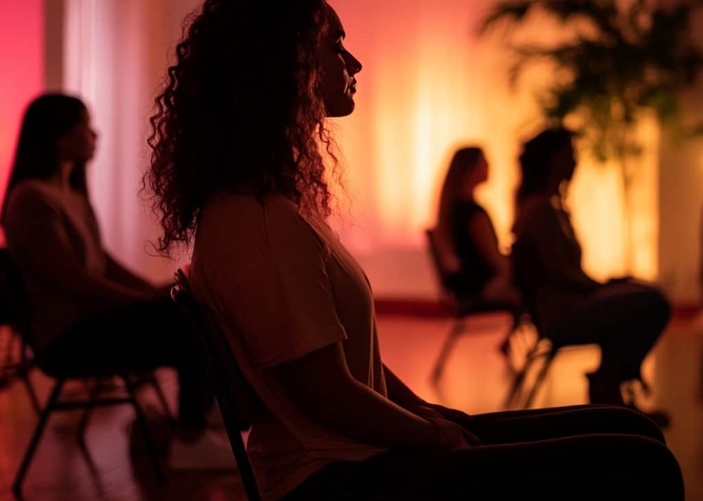 Woman sits in a support group room with ambient light doing inner healing, for parents who want to know what to do if my child is addicted