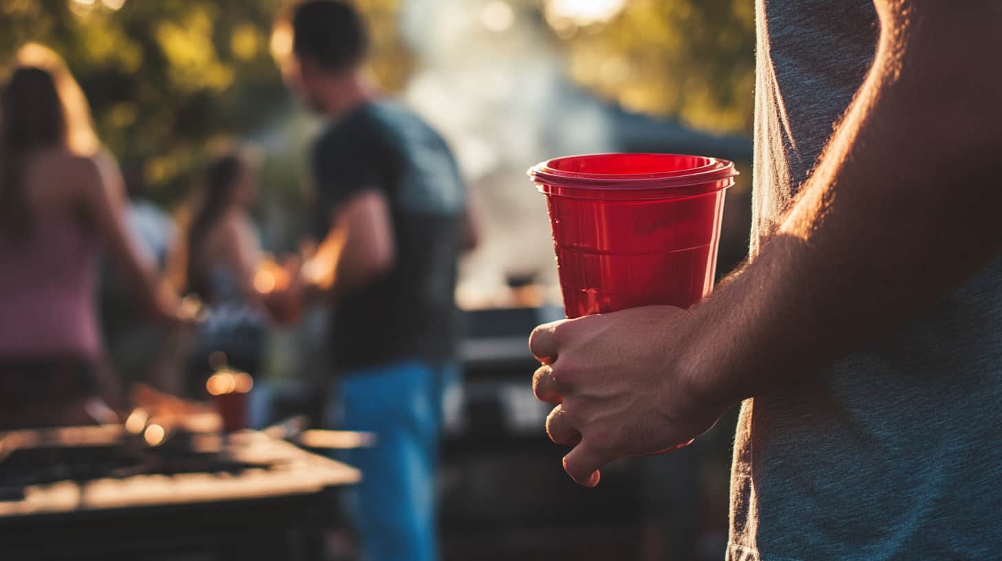 Man at a barbeque holds a red plastic cup of alcohol to show what is a functioning alcoholic