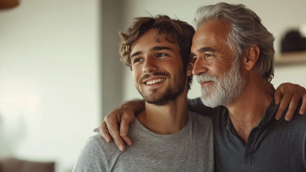 Middle aged man and son with arms around each other showing the healing for when my child is addicted