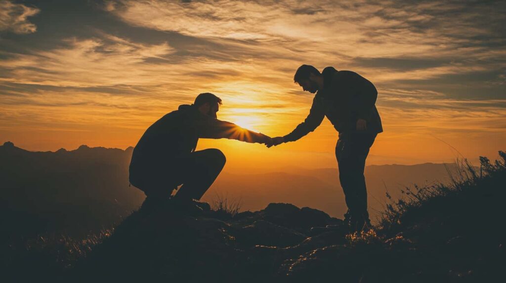 Man helps another man climbing a rock with the sun setting in the background illustrating Christian counseling for addiction treatment.