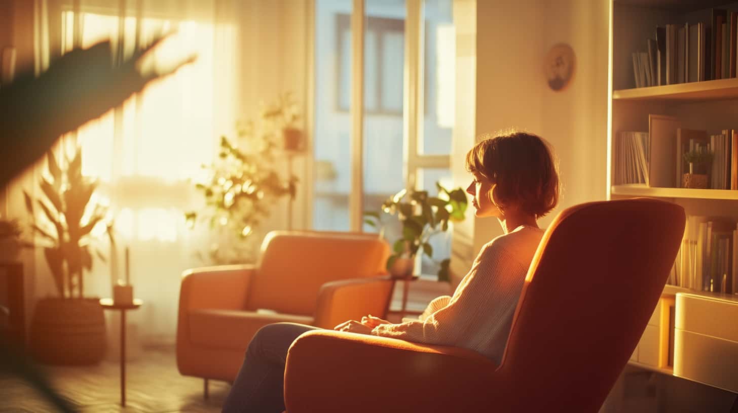 Woman sits in a therapy room with a warm light showing how Christian counseling for addiction can heal deeper wounds.