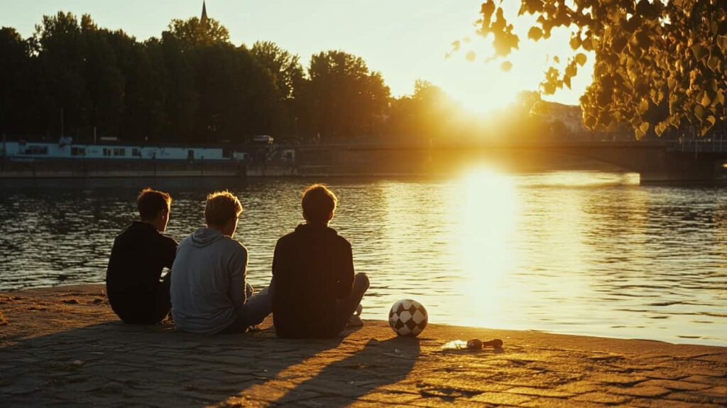 Three young men sit looking over the water at the hopeful sunset as they are part of an effective Christian rehab program.