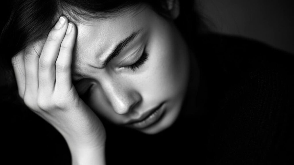 Woman holds her head in her hand showing treatment fatigue setting in.