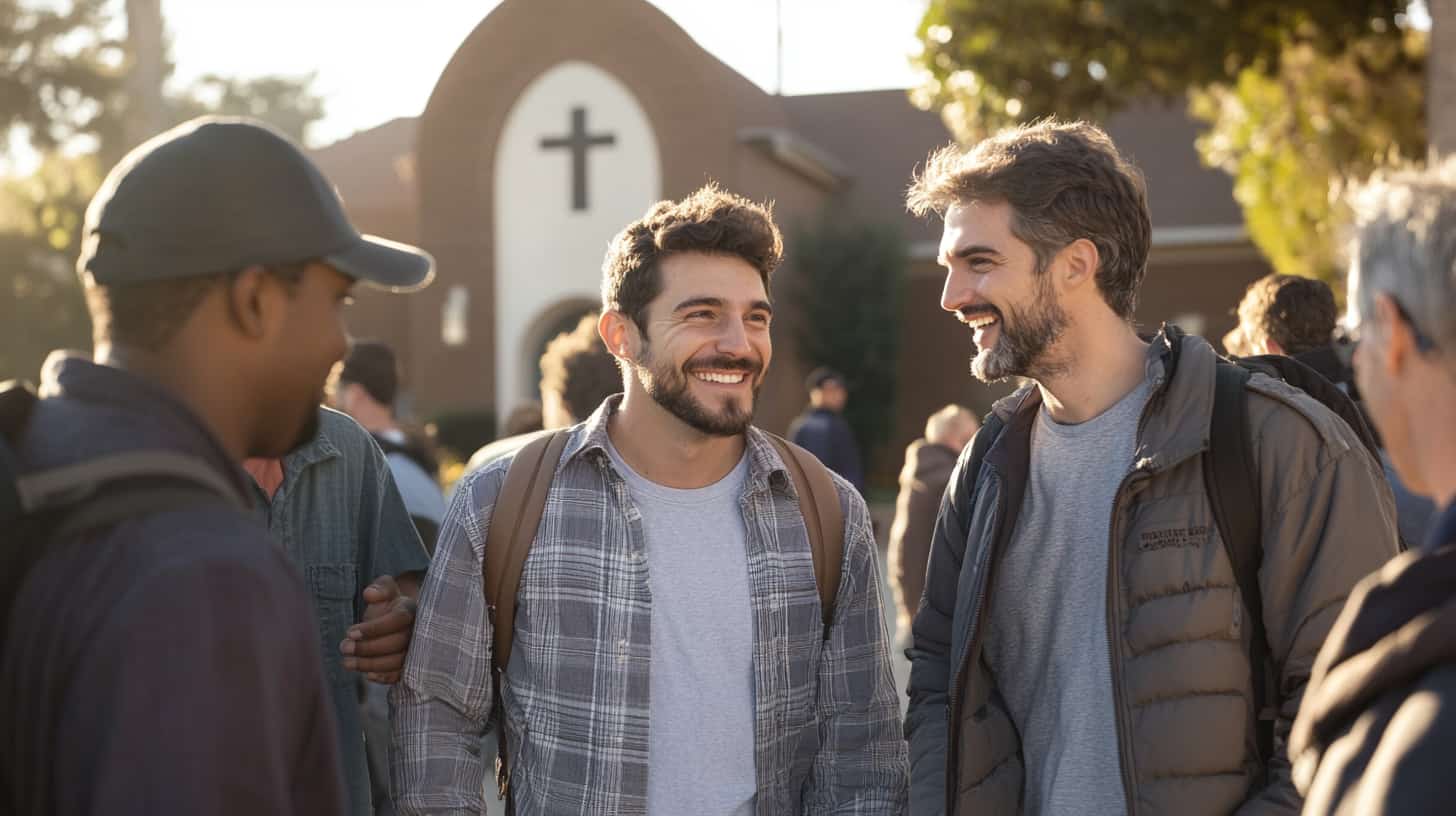 Men in support of one another stand outside a church building showing one way to get over treatment fatigue.