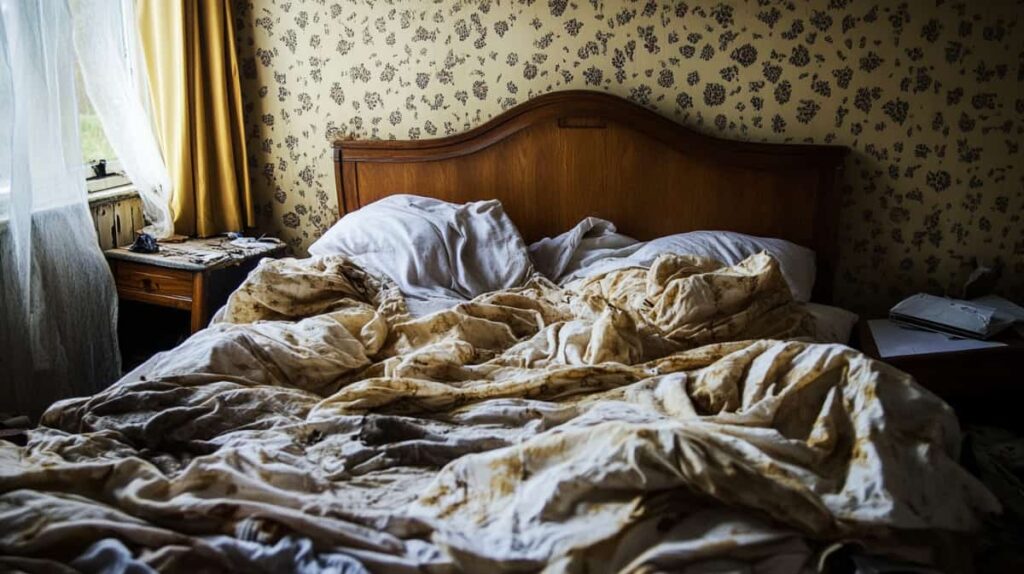 Messy bed with wooden headboard showing the results of drug-induced night sweats.