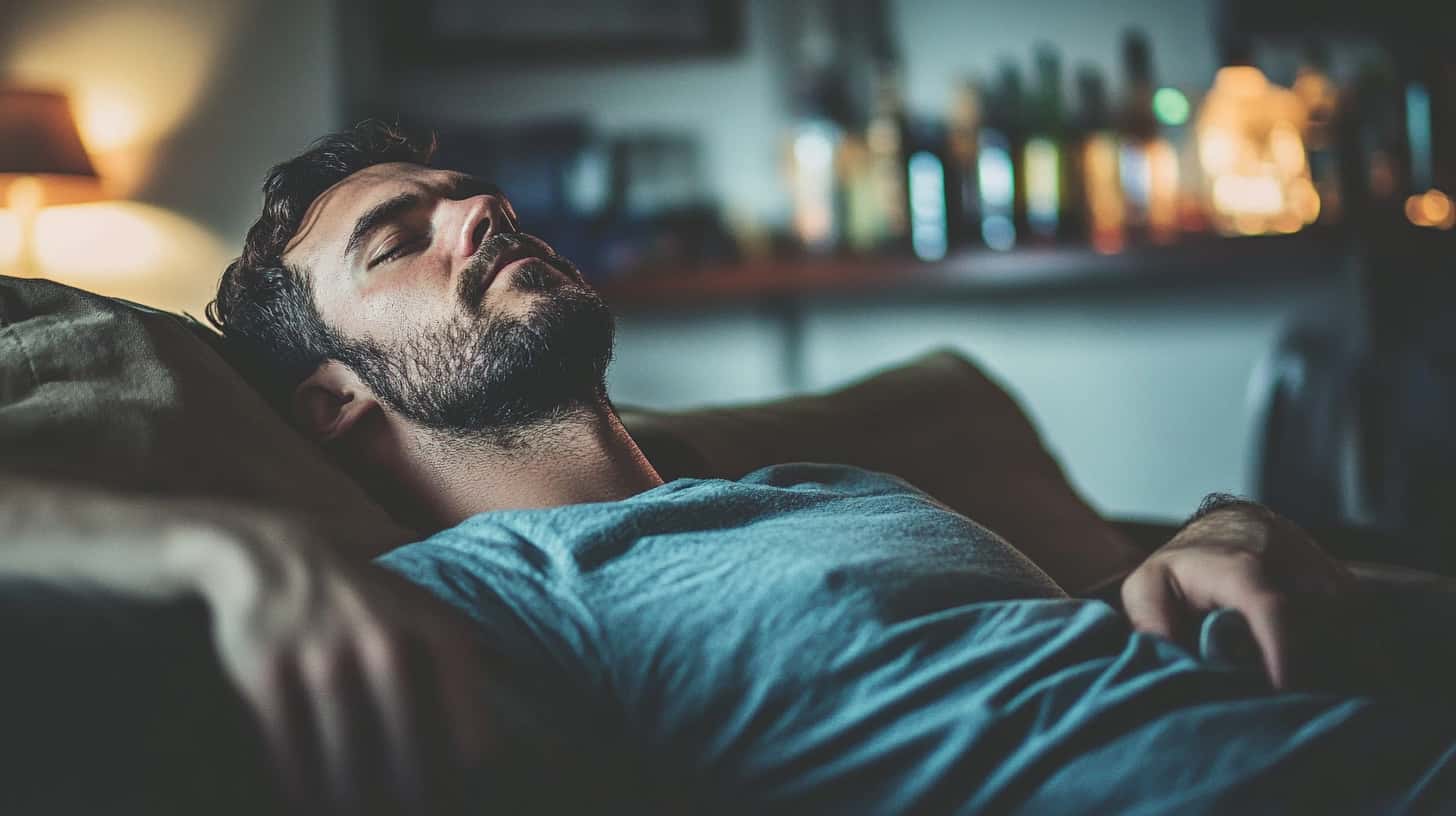 Man lays on couch trying to sleep after drug-induced night sweats.