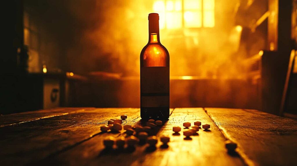 Bottle of wine next to some pills showing the downward slide of Gabapentin overdose with alcohol abuse.