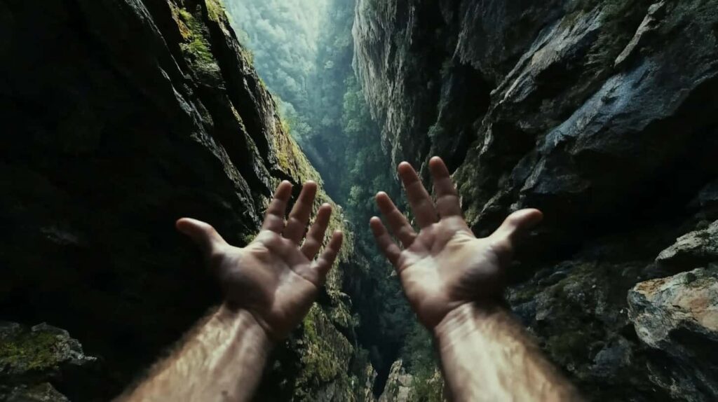 Man holds hands out before him over a cavern to illustrate the loss of control when you have shaky hands from alcohol withdrawals.