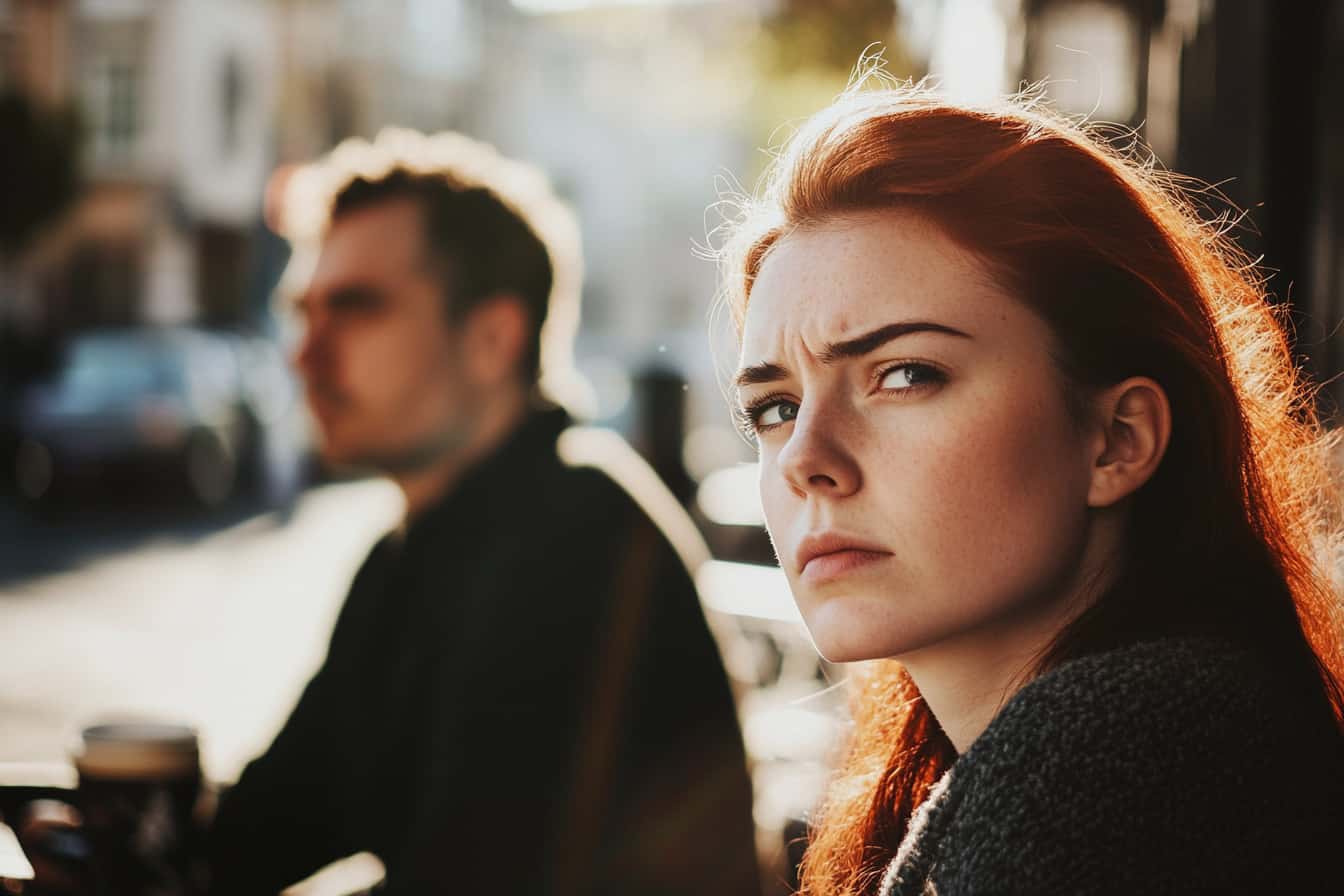 Woman and man sit at a cafe, she looks upset to show the sadness that comes from dating an addict.