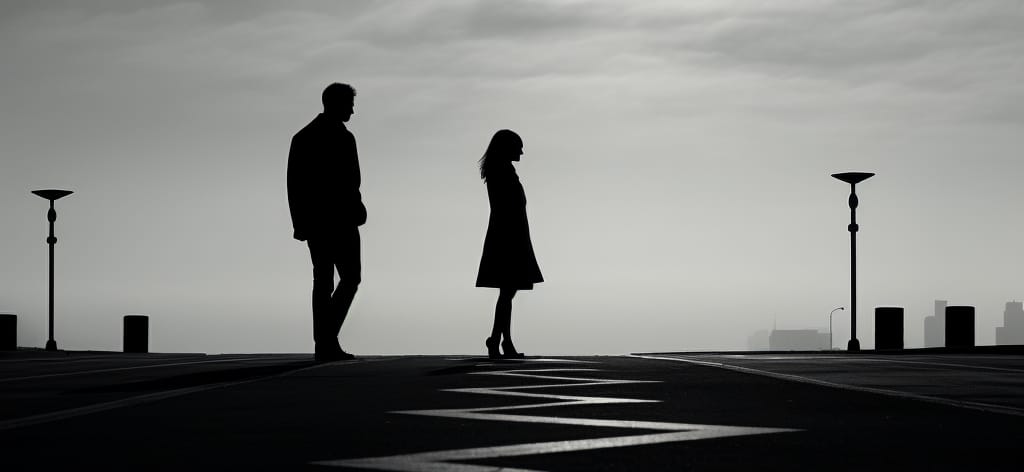 Silhouette of man and woman walking at a distance in the city where one of them is dating an addict.