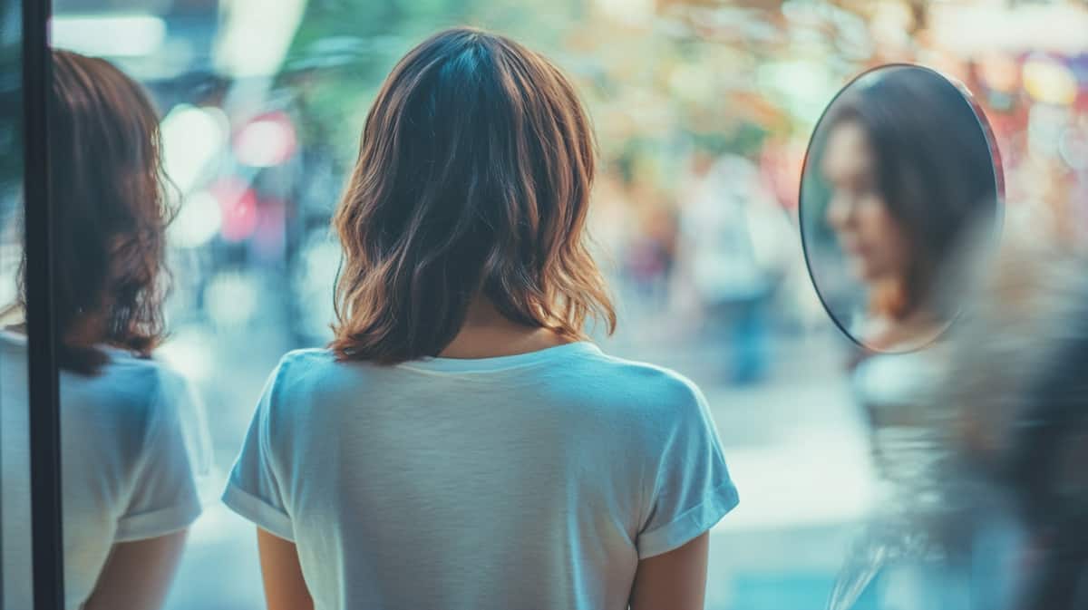 The back of a woman walking on a street with a mirror beside her showing the narcissism and addiction connection.