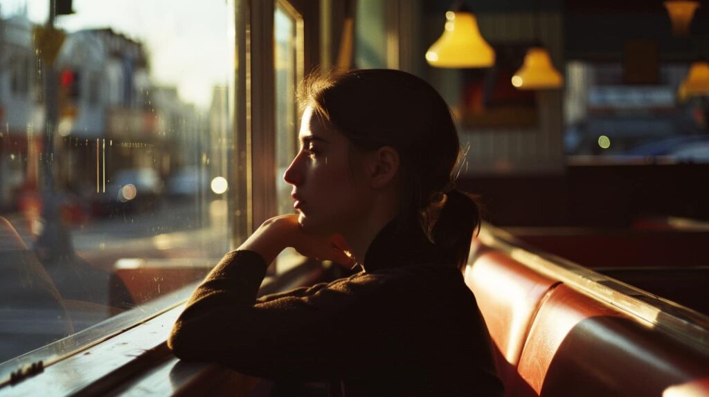 A woman looks in the distance wonderings "does my husband have an addiction?"