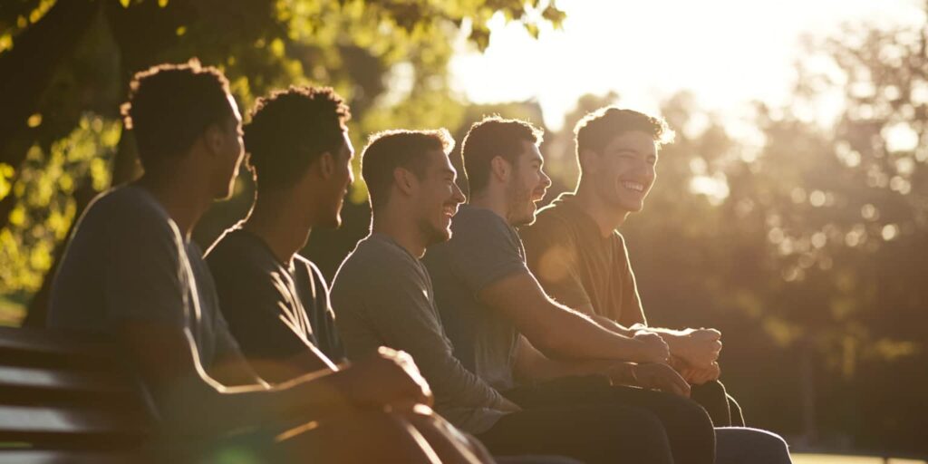 Young men sitting in a row at a park enjoying the sunlight after understanding the connection between bipolar disorder and addiction.