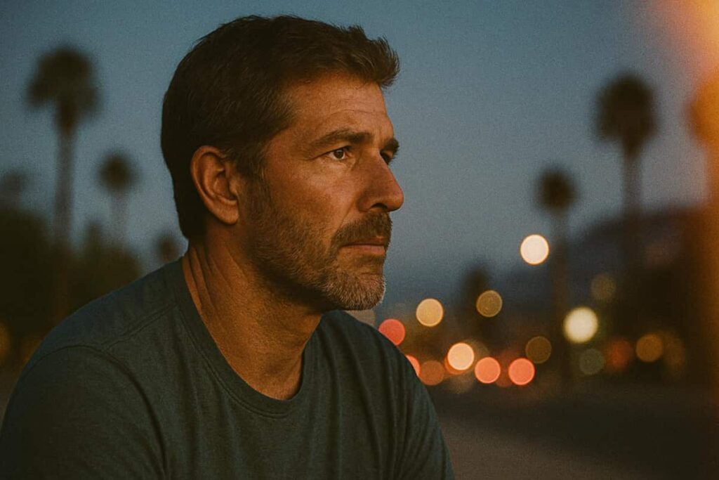 Man sits at the beach in Orange County thinking about the difficult time he had with a recent MDMA comedown.