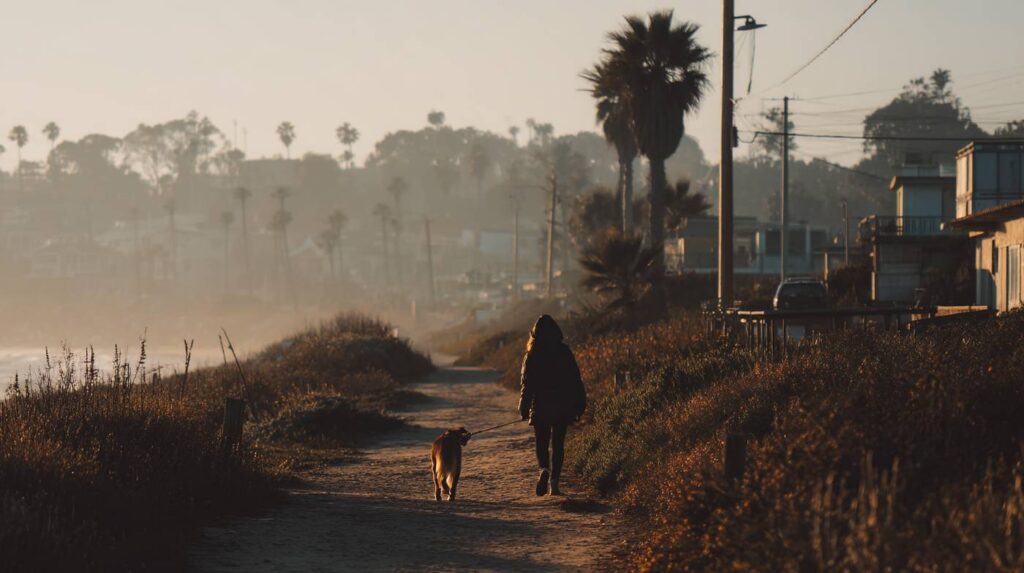 A person walks a dog along a misty coastal path at sunset, illustrating the reflective calm often lost in the fog of anxiety medications like those explored in What Is Farmapram.