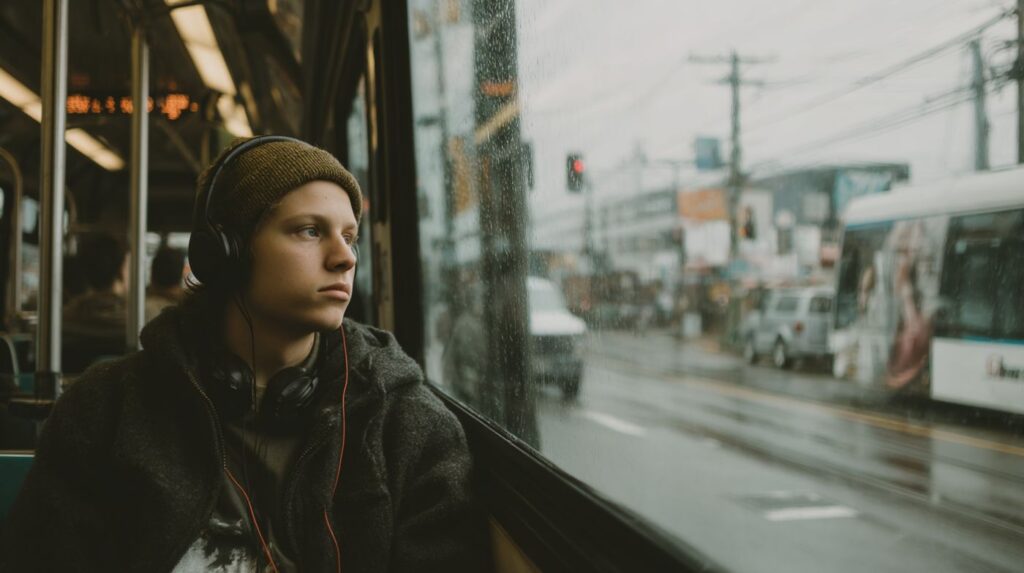 A young person stares out a rain-covered bus window with headphones on, representing the isolated introspection tied to the emotional experience behind the question: What Is Farmapram.