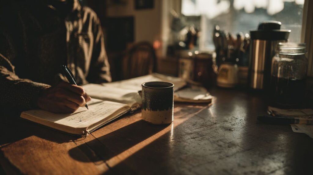 A man journaling with a coffee mug beside him in warm morning light, capturing the introspective process behind what is re:generation.
