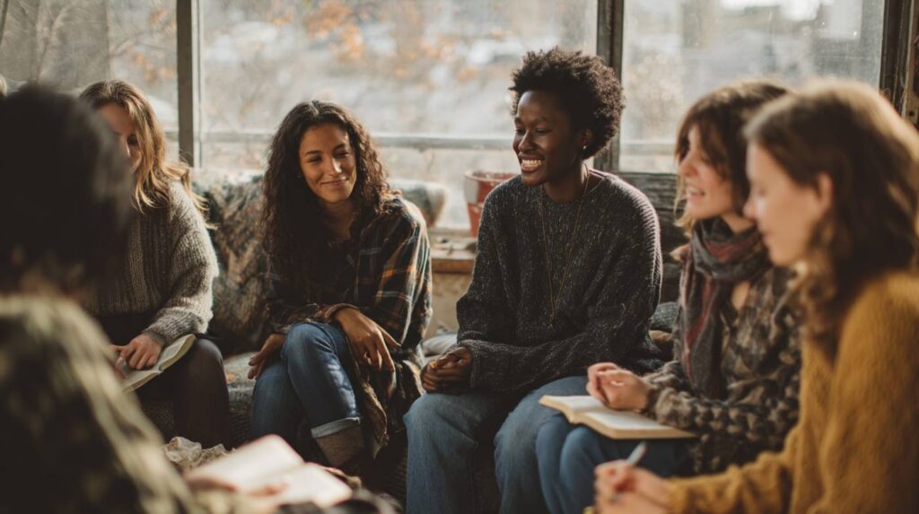 A group of women smiling and sharing in a cozy discussion circle, reflecting the community-centered approach of what is re:generation.