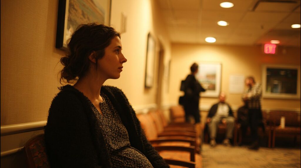A pregnant woman sits in a dimly lit clinic waiting room, reflecting the emotional toll of drug use during pregnancy.