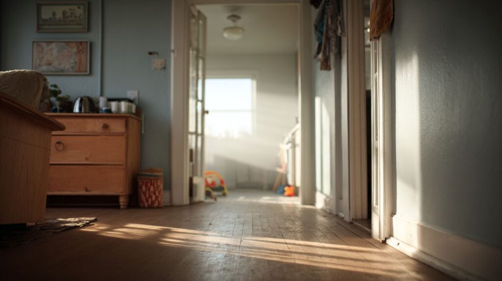 Morning light streams into a quiet home with baby toys, symbolizing the aftermath and hope following drug use during pregnancy.