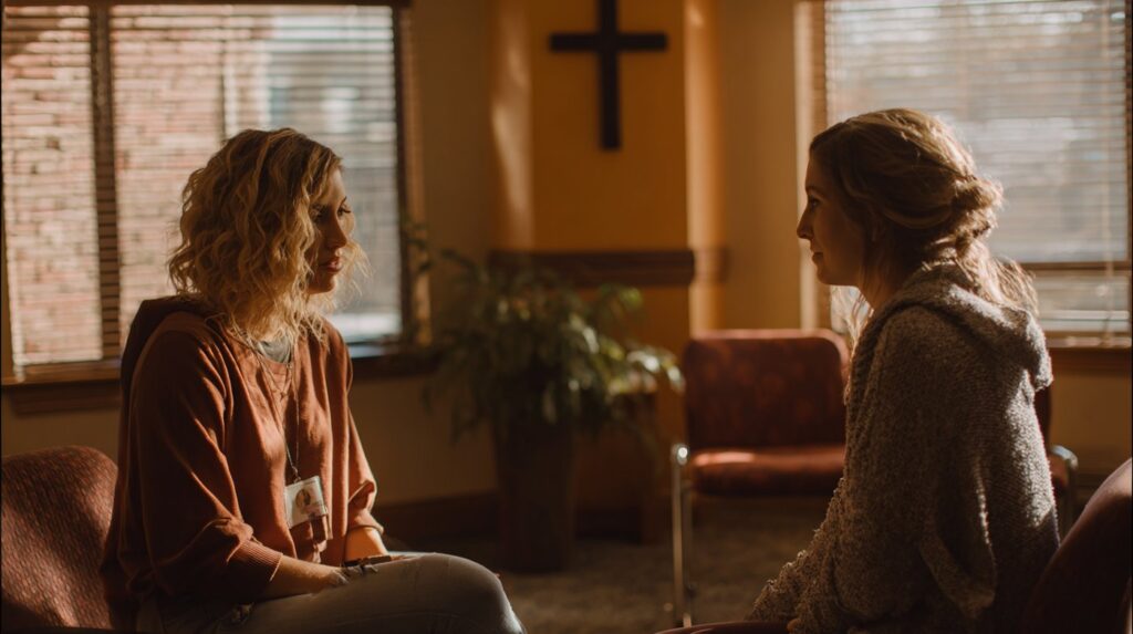 Two women sit across from each other in a warm, sunlit room, representing the personal support found in MAT and Christian rehab.