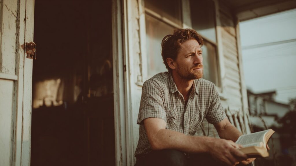 A man reads a Bible on a weathered porch, capturing the quiet reflection often encouraged in MAT and Christian rehab.