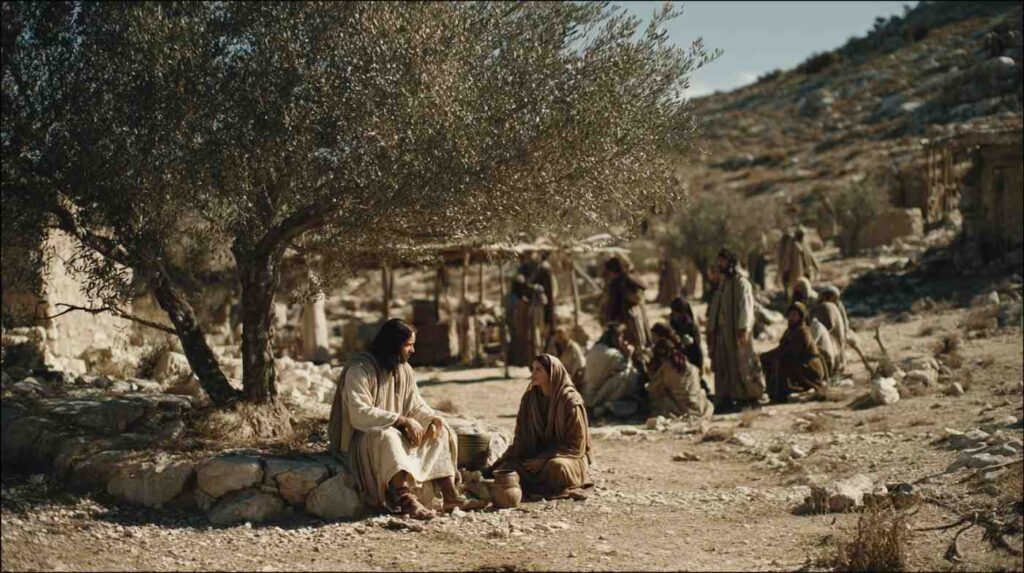 A man and woman talk under an olive tree in a biblical setting, illustrating the connection between the Bible and addiction recovery.