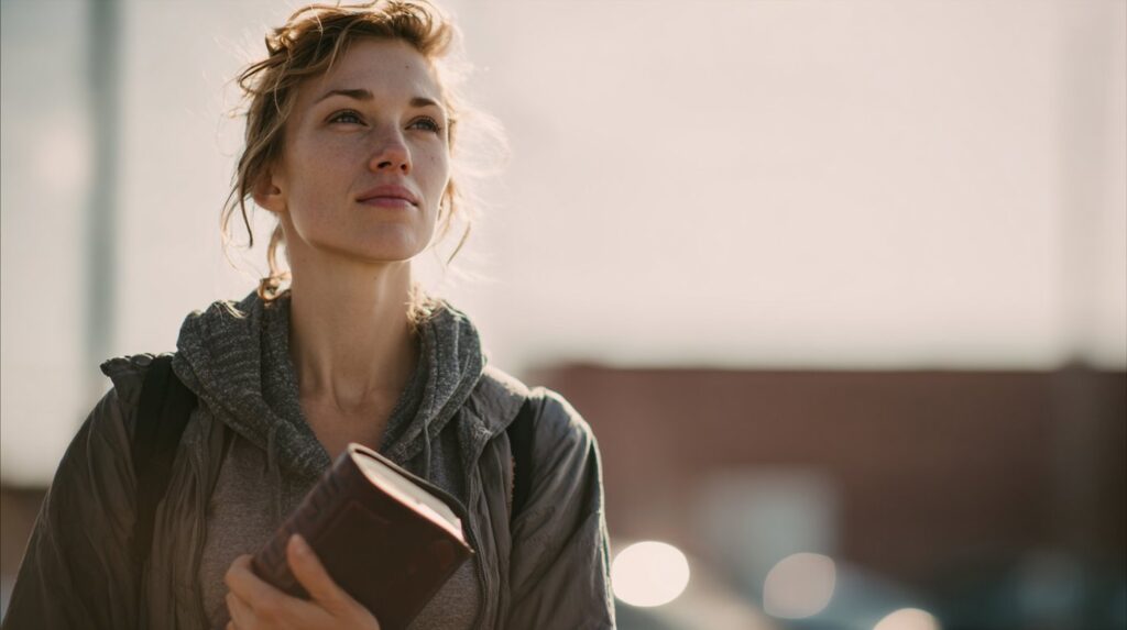 A hopeful young woman holds a Bible close to her chest, reflecting the strength found in the Bible and addiction healing.