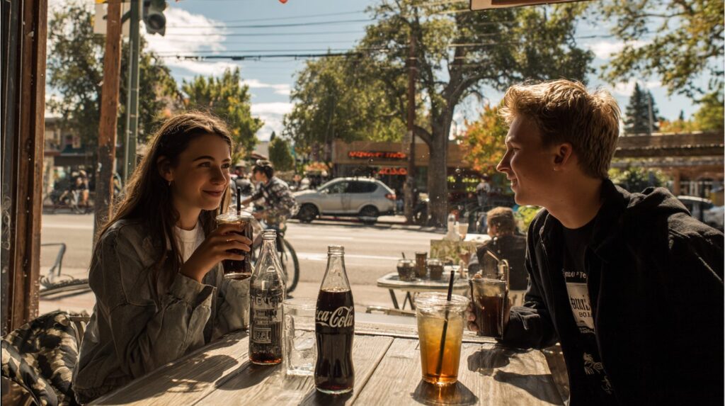 A young couple shares drinks at a sunlit café, reflecting the social freedom and connection possible through a California sober approach.
